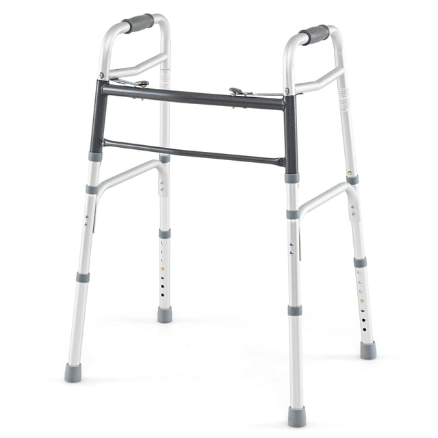 Gymax 2-Button Folding Walker Lightweight Aluminum Mobility Aid 7-Level Adjustable Height