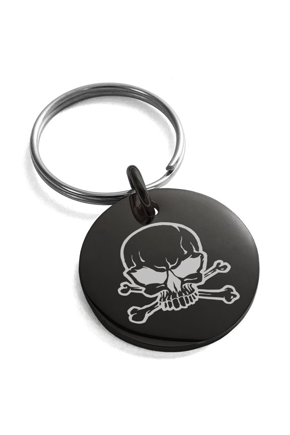 Stainless Steel Pirate Skull & Crossbones Engraved Small Medallion Circle Charm Keychain Keyring