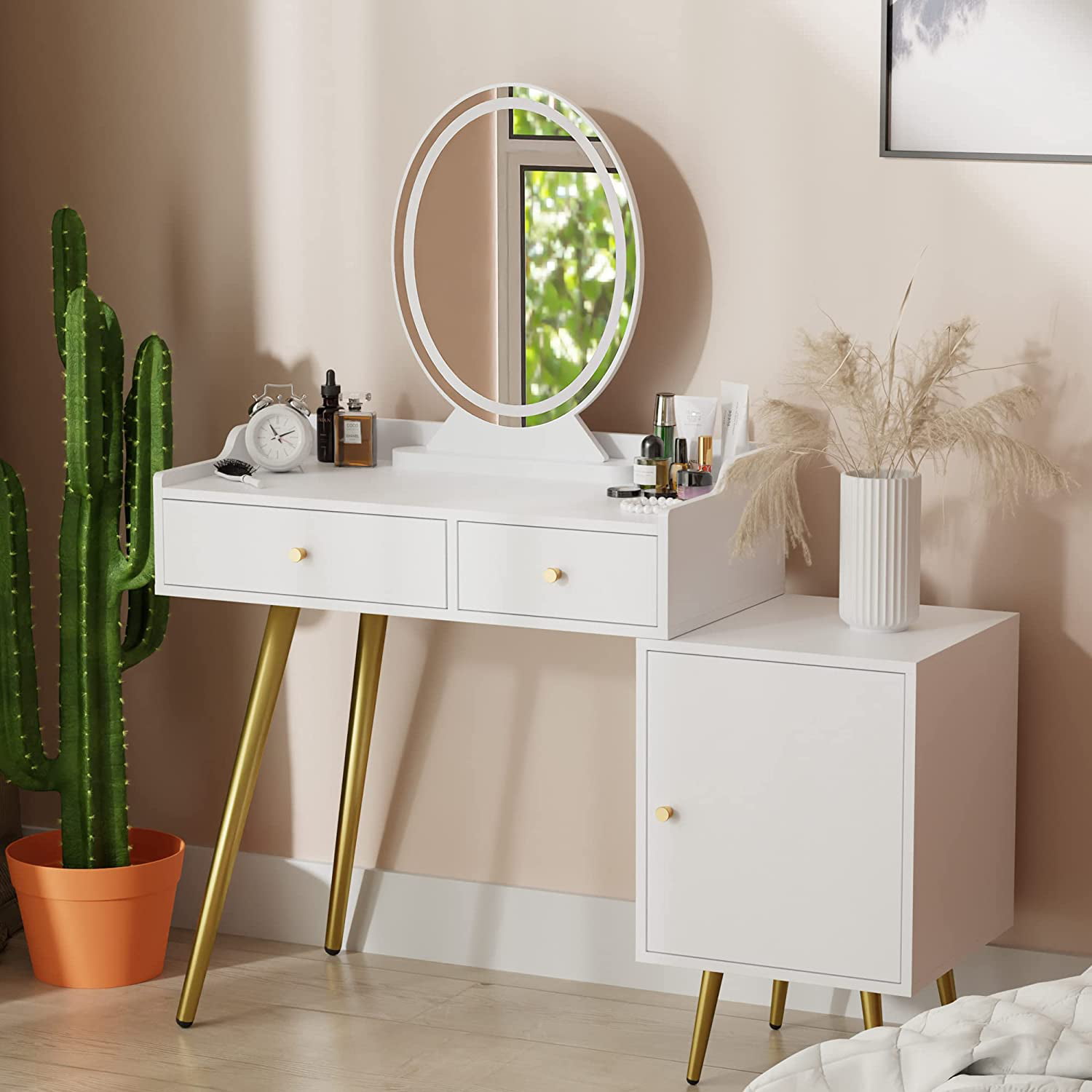 Cozy Castle Oak Vanity Desk with Mirror and Lights, Small Vanity Table for  Bedroom, Makeup Desk with Storage Cabinet 