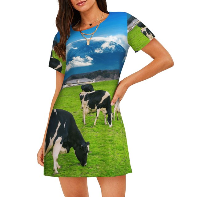 Fotbe Grazing Cows Mountain View Bata de Dormir para Mujer con Estampado, Camisón de Algodón de Manga Corta, Ropa de Dormir Casual