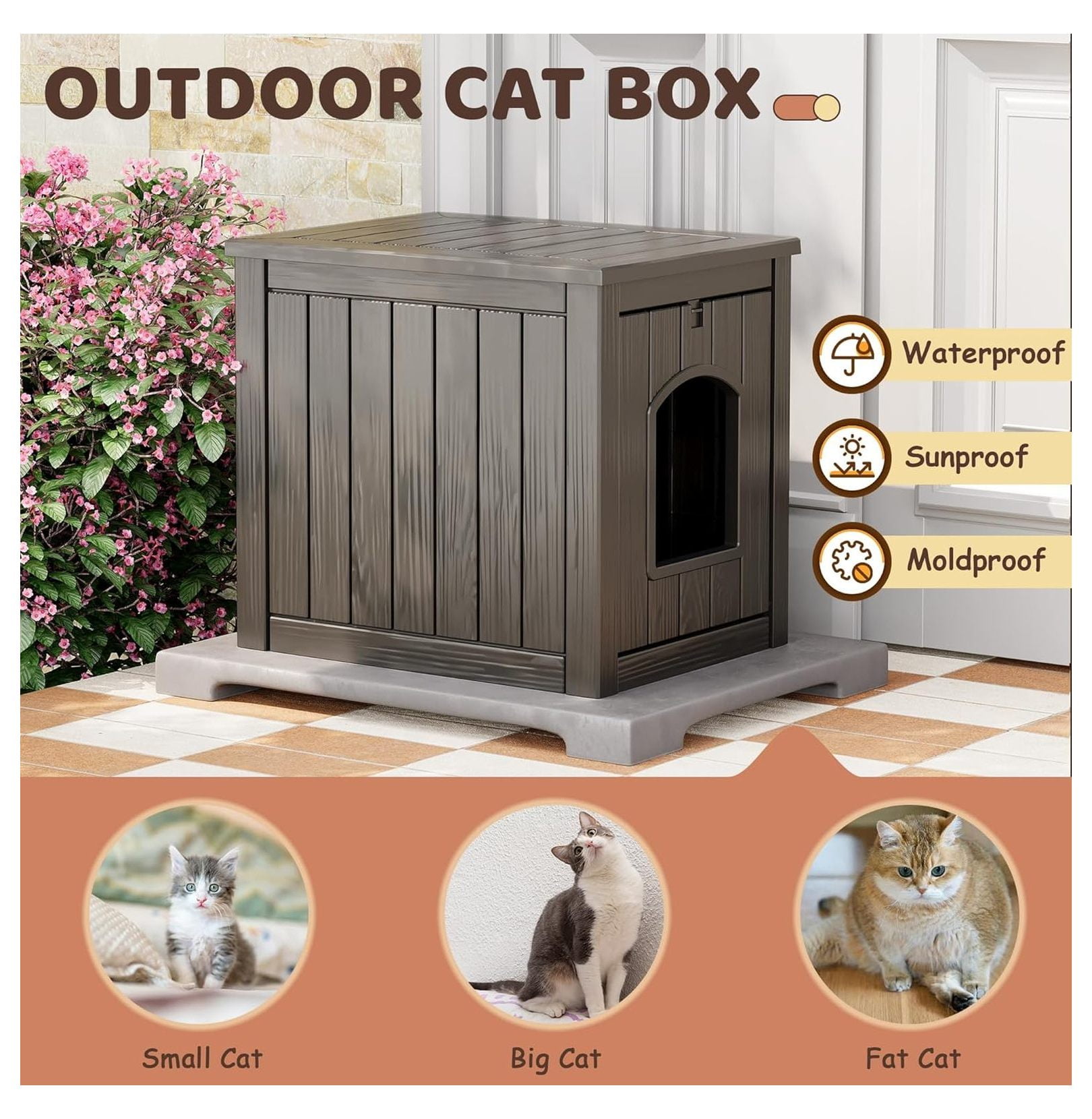 Cat House Indoor Outdoor, PP Plastic Cat Shelter - Large Gray Cozy Pet House for Cats & Kittens, Easy Assembly, Waterproof, All-Season Hideaway