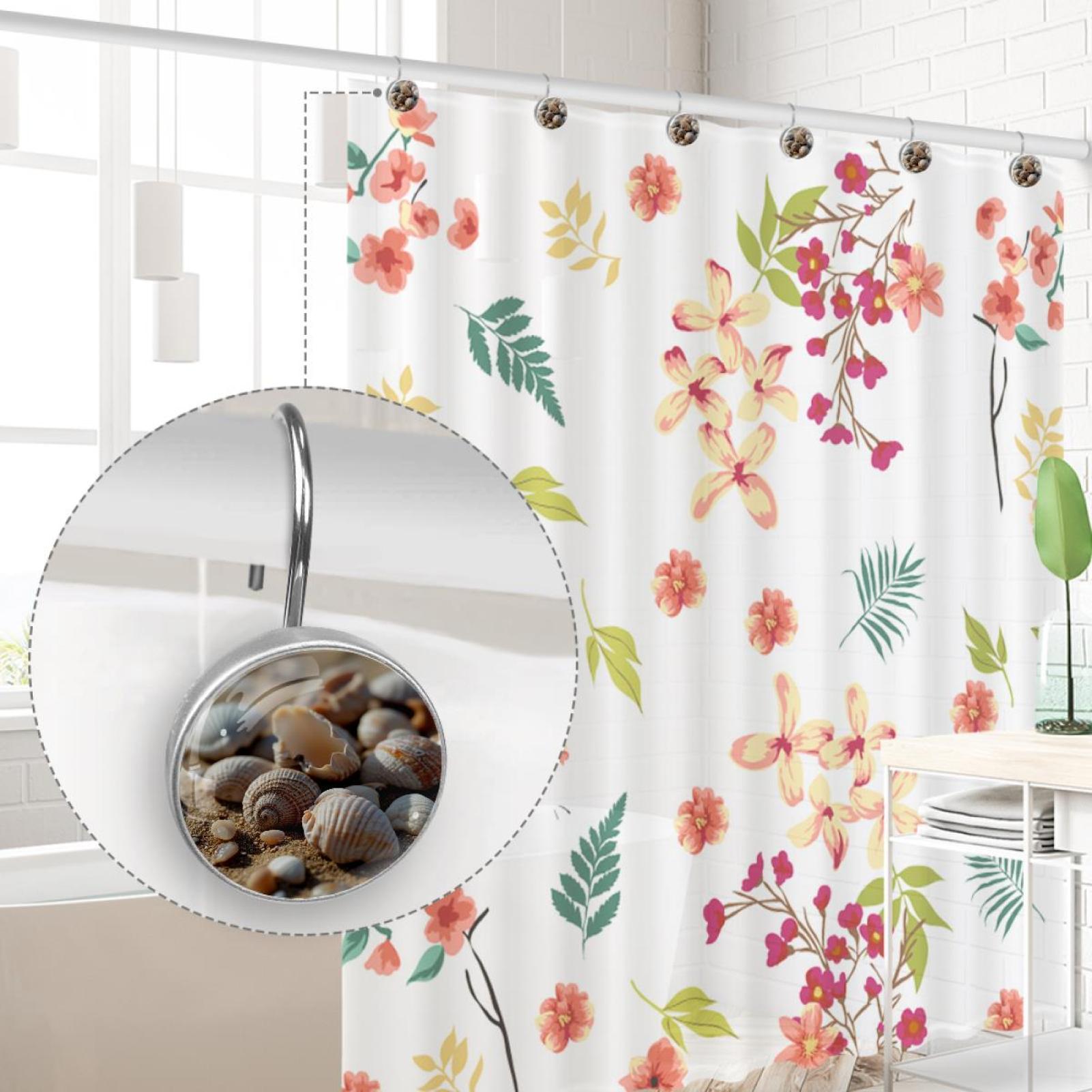 Shells on Beach Sand Shower Curtain Hooks Round Crystal Glass, Set of 12 Shower Curtain Rings - Shower Hooks for Curtain Shower Rings