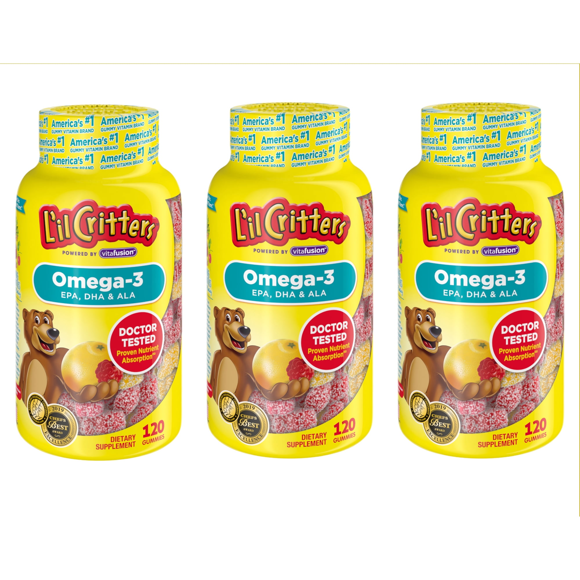 Lil Critters VitaFusion Omega-3 DHA Dietary Supplement Gummies, 360 Gummies (3x120ct)