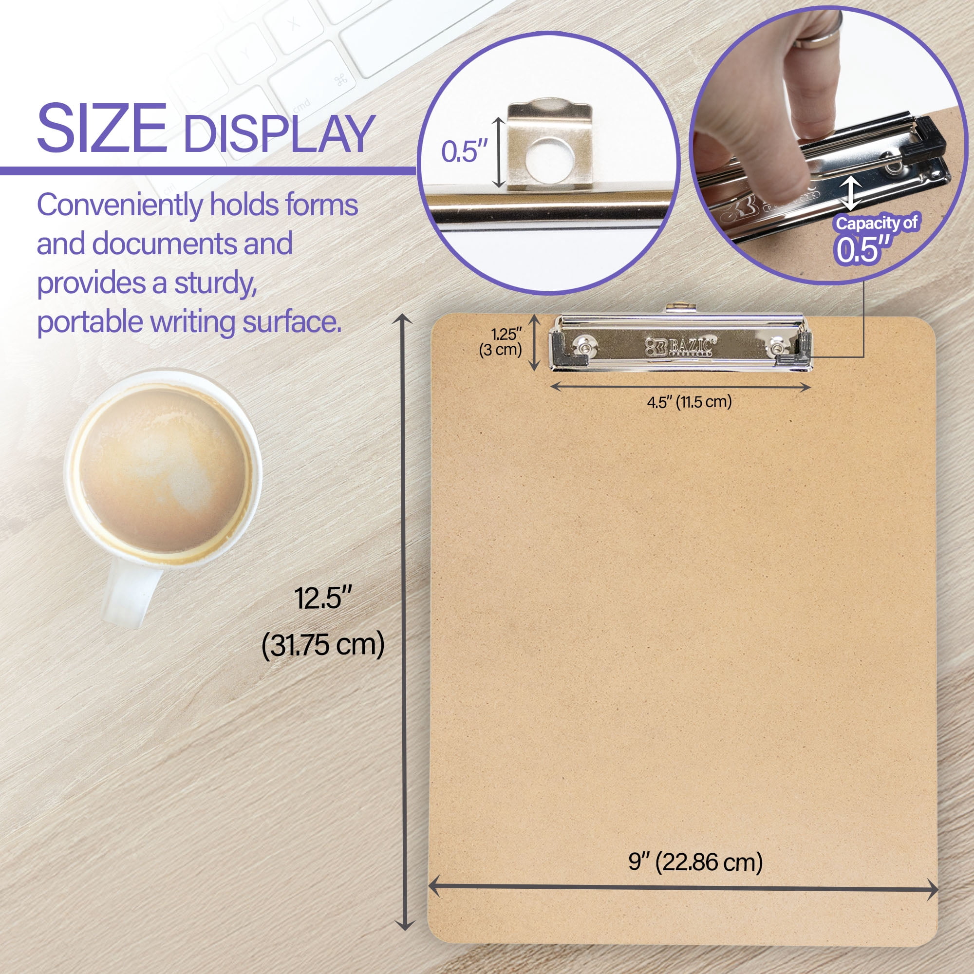 BAZIC Wood Clipboard 12.5" x 9" Low Profile Clip Hardboard, 24-Pack