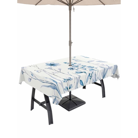 Outdoor Tablecloth with Umbrella Hole for Patio/Picnic/Party/Camping, Blue Spring Floral Waterproof Table Cloth Rectangle Table Cover Washable, Summer Flowers Botanical Elegant (52"x 70")