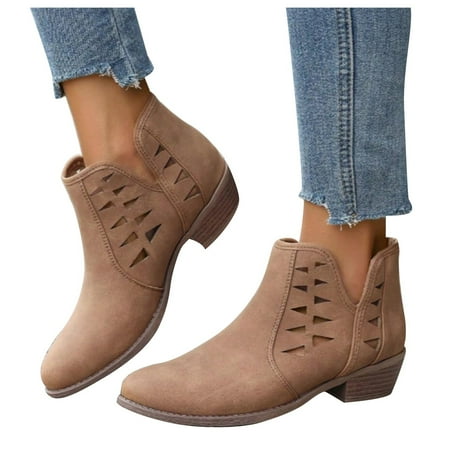 XDDST Women Shoes Casual Medium Heel Fashion Women Low Ankle Trim Round Toe Ankle Leather Boots Casual and Ladies Shoes Leisure Brown