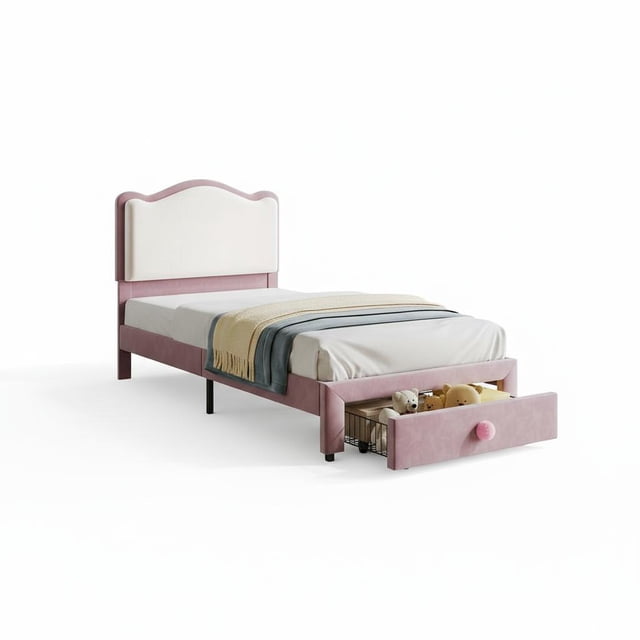 Versatile Colorful Comfort - Twin Upholstered Platform Bed Frame with Headboard & Storage Drawer - SolidColor Wood Slats, Noise-Free, Easy Assembly, No Box Spring Needed - Blue and White