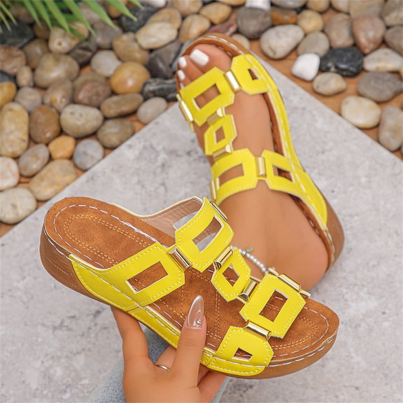 YOUYEDIAN Sandals Women Summer Slip on Beach Slippers Comfortable Walking Non Slip Orthopedic Flat Shoes (Yellow)