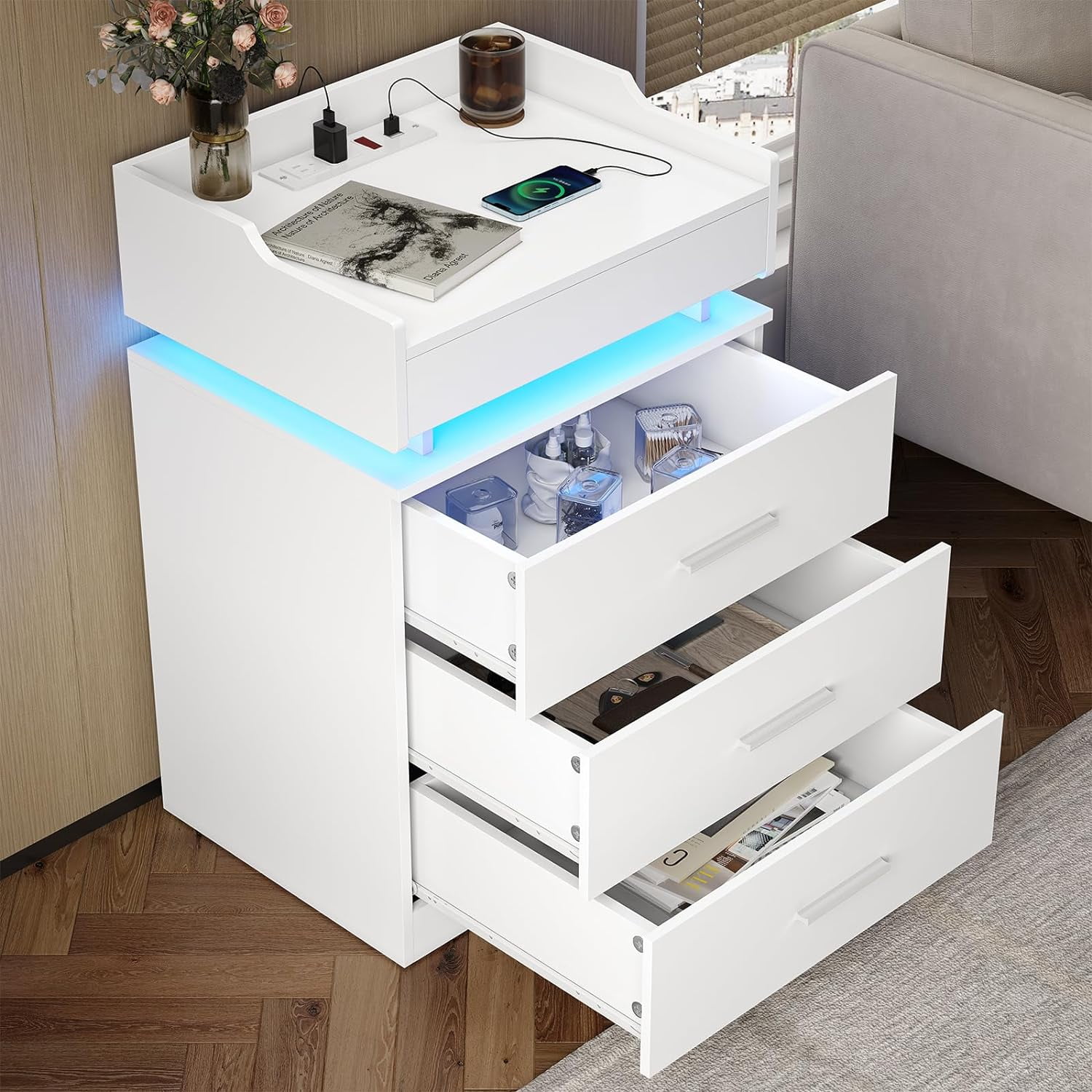 Afuhokles Nightstand with Charging Station and LED Lights, Night Stand with 3 Drawers, White