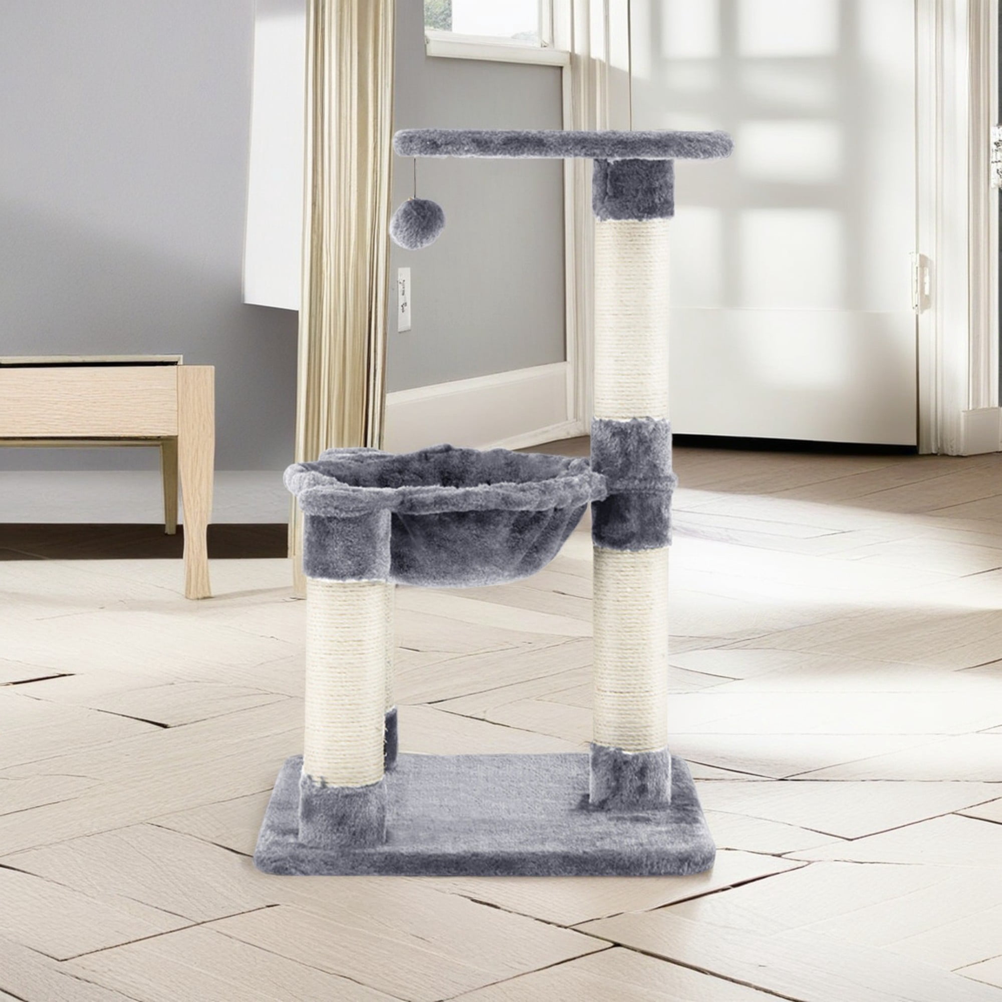 resenkos 25" Indoor Cat Scratching Post, Multi-level Cat Tree with Hammock, Cat Scratcher Tree with Sisal Rope and Hanging Ball, Gray