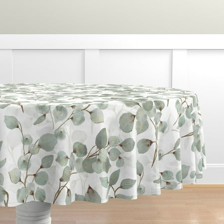 

Cotton Sateen Tablecloth 90 Round - Eucalyptus Leaves Green Floral Spring Botanical Print Custom Table Linens by Spoonflower