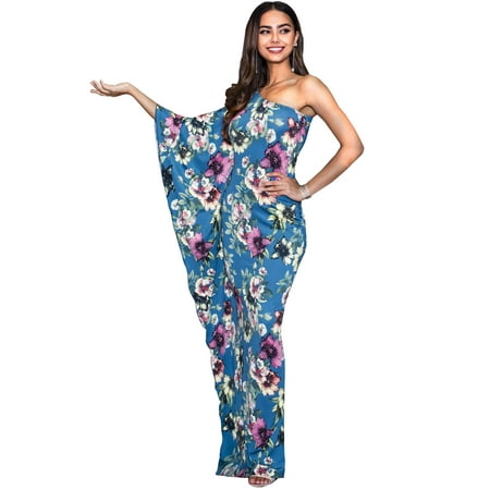 KOH KOH Long Sexy One Off Shoulder Floral Print Floor Length Summer Evening Cocktail Party Flowy Sundress Maxi Dress Gown For Women Pink on Blue Teal Small US 4-6 NT169_B033