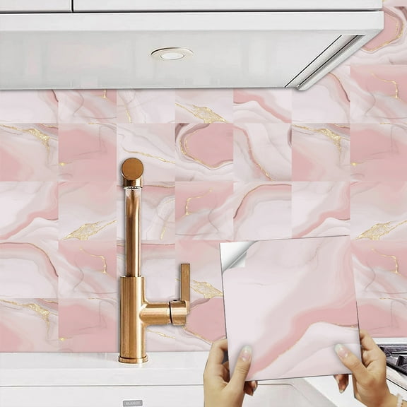 FUDAKUNA 10Pcs Marbling Tile Wall Sticker Pink & Gold Wallapper 7.87"x7.87" Removable Waterproof Vinyl Peel and Stick Backsplash Tiles