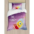thumbnail image 3 of Outer Space Decor Queen Size Duvet Cover Set, Welcoming Quote Print with Retro Mascot Vessel Traveling in Milky Way, Decorative 3 Piece Bedding Set with 2 Pillow Shams, Purple Blue, by Ambesonne, 3 of 3