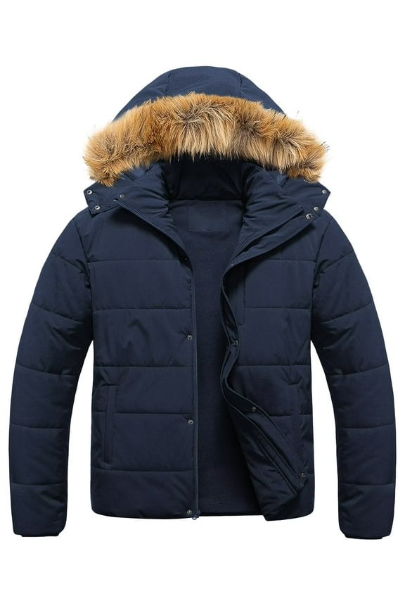 Big and Tall Puffer Jackets for Men Mens Coats Men's Winter Coat Warm Jacket Thickened Snow Parka Outerwear with Removable Hood Navy Blue 2X