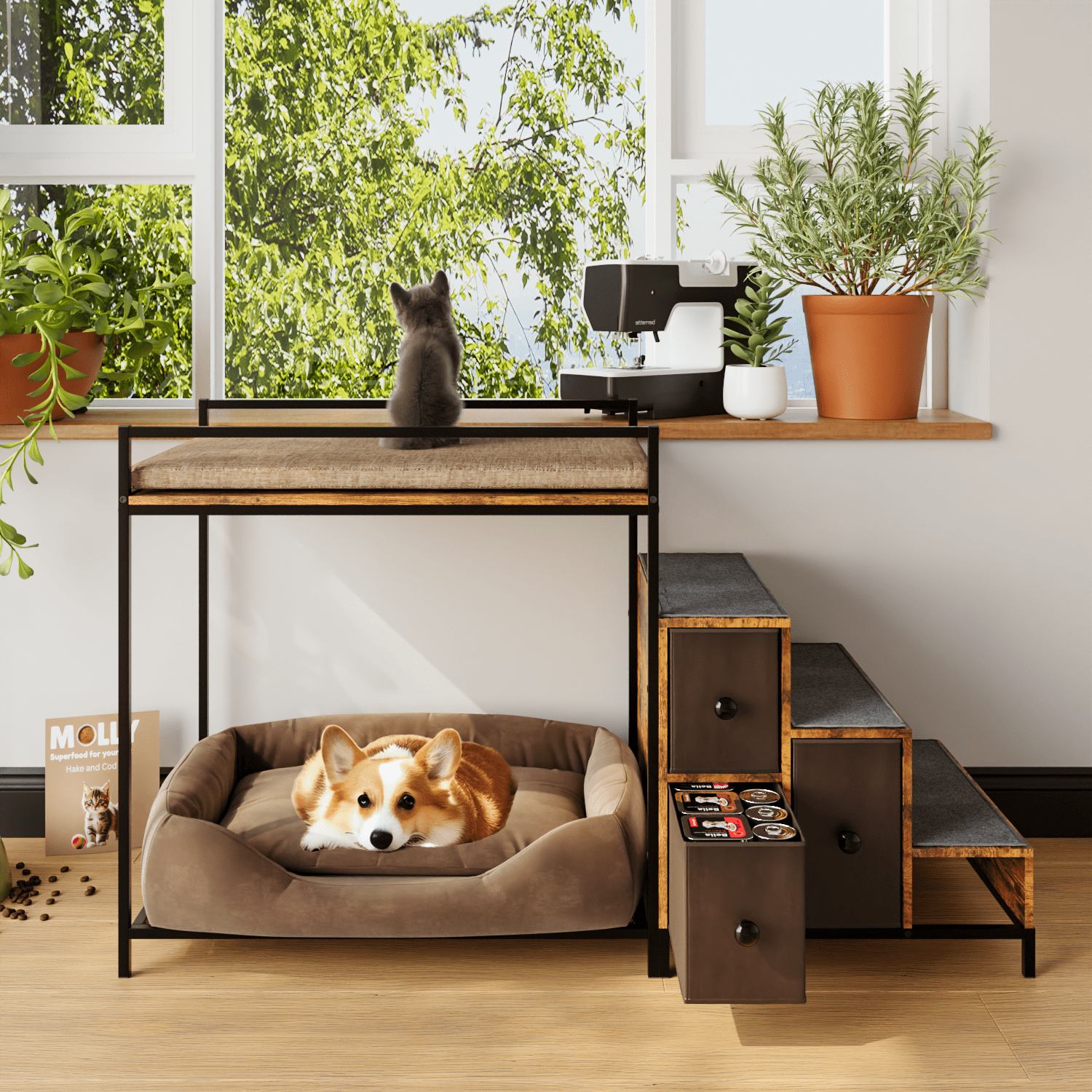 BOSSIN Pet Window Perch with Stairs,  3 Drawers Large Pet Bunk Bed for Dogs and Cats