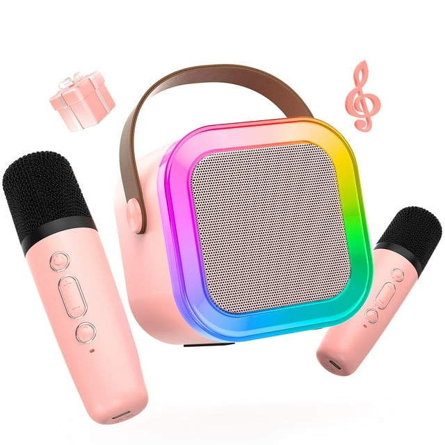 Máquina de karaoke CSCyYamz mini portátil con 2 micrófonos, color rosa