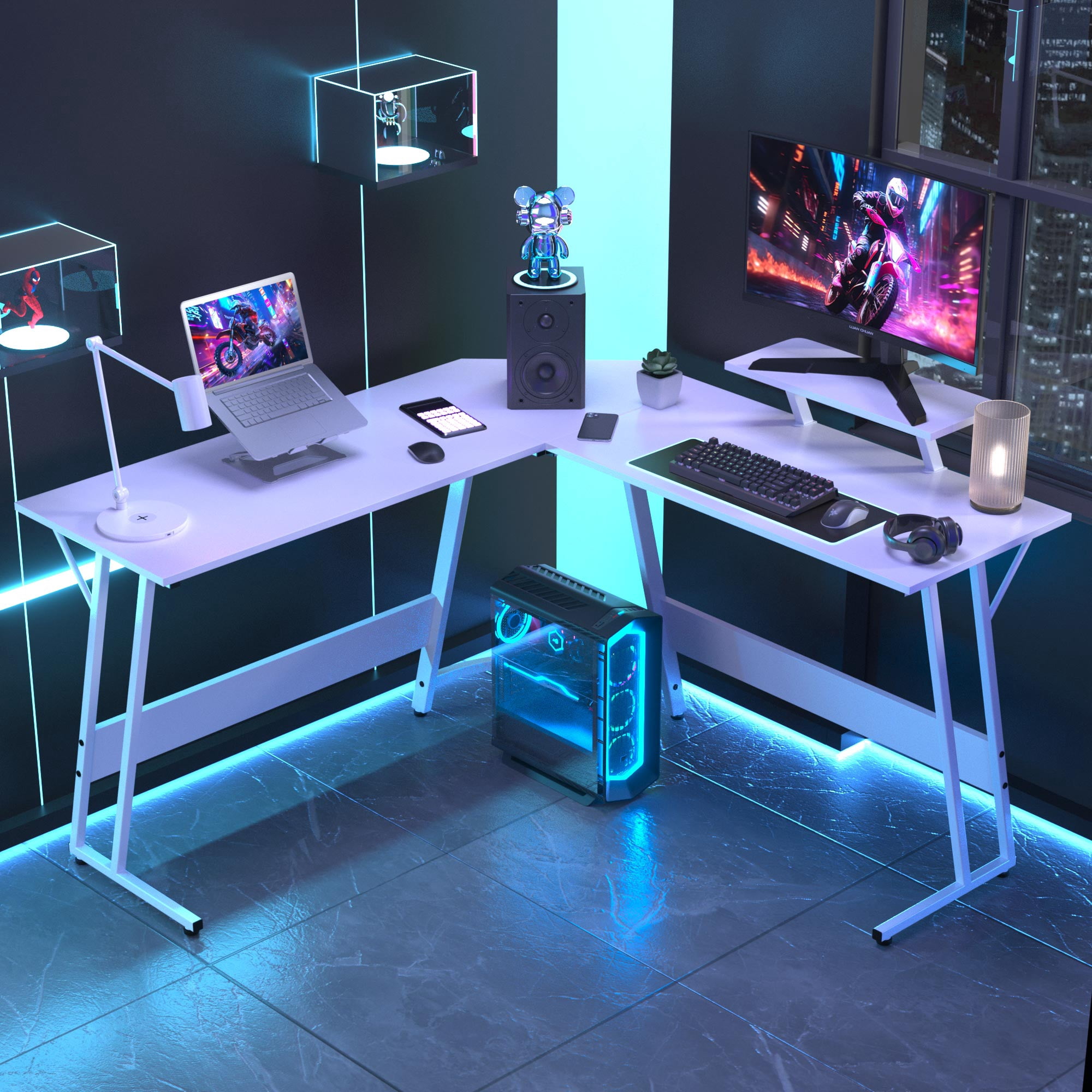 CL.HPAHKL L Shaped Gaming Desk, Computer Desk Corner Desk with Monitor Stand&Large Wooden Desktop, PC Gaming Desk Table for Home Office Sturdy Writing Workstation (White, 50 inch)