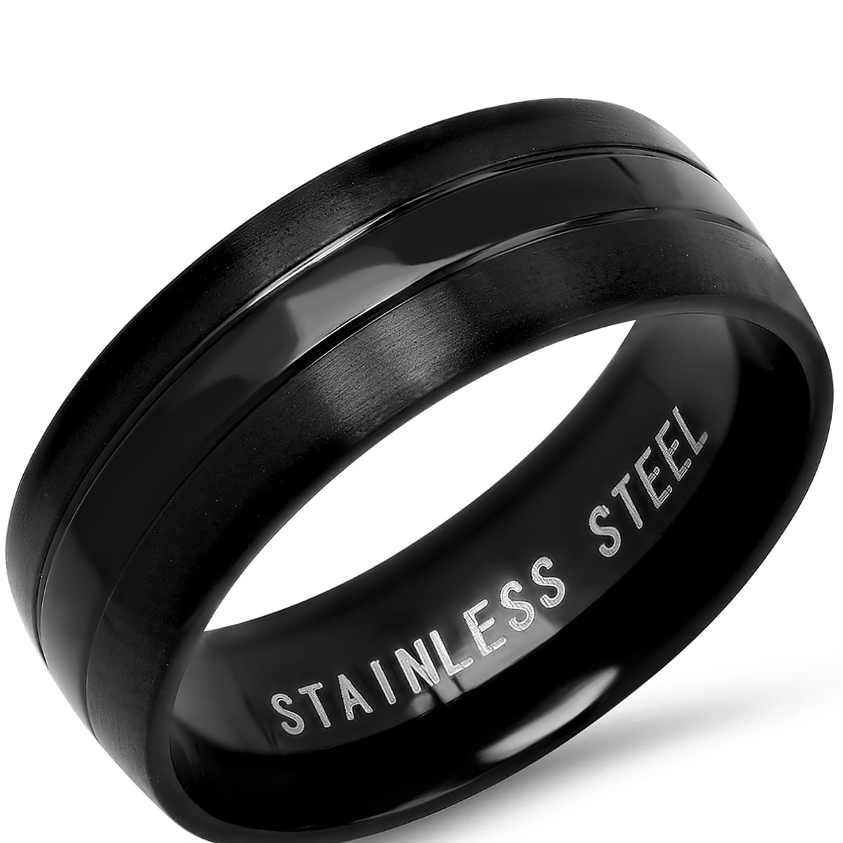 Men's Black IP Stainless Steel Matte Ring with Polished Center Inlay