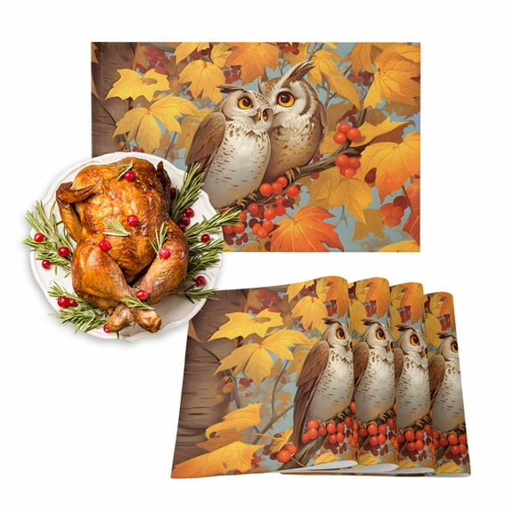 Fall Placemats Set of 4 Owls Standard in the Branch Place Mats Thanksgiving Placemat Maple Leaves Berry Table Mats for Dining Kitchen Table Holiday Dinner Party Home Fall Decorations 13x19 Inch