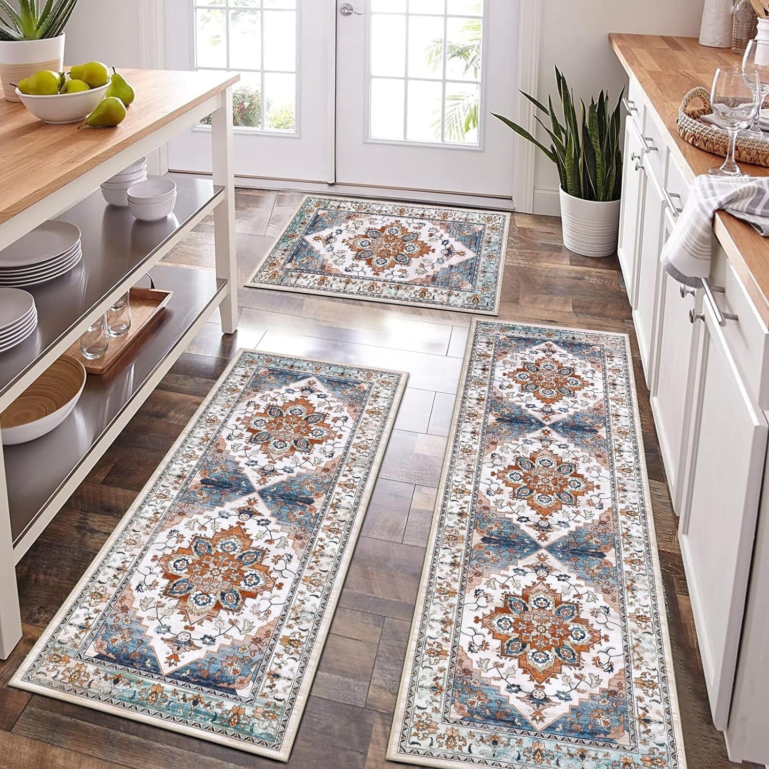 Kitchen Rug and Mat, Yamaziot Boho Kitchen Rug Set of 3, Non Slip Washable Farmhouse Floor Mat Hallway Runner, Laundry Room Carpet