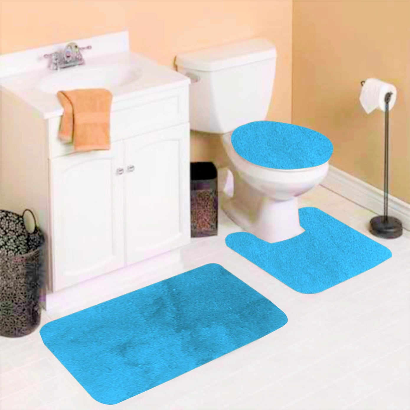 3 Piece Geometric Wave High Pile Bathroom Set Contour Rug & Lid Cover Turquoise 