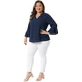 thumbnail image 3 of DARING DIVA Women's Plus 3/4 Bell Sleeve Notch Chiffon Tunic Shirts 1X Navy Blue, 3 of 6