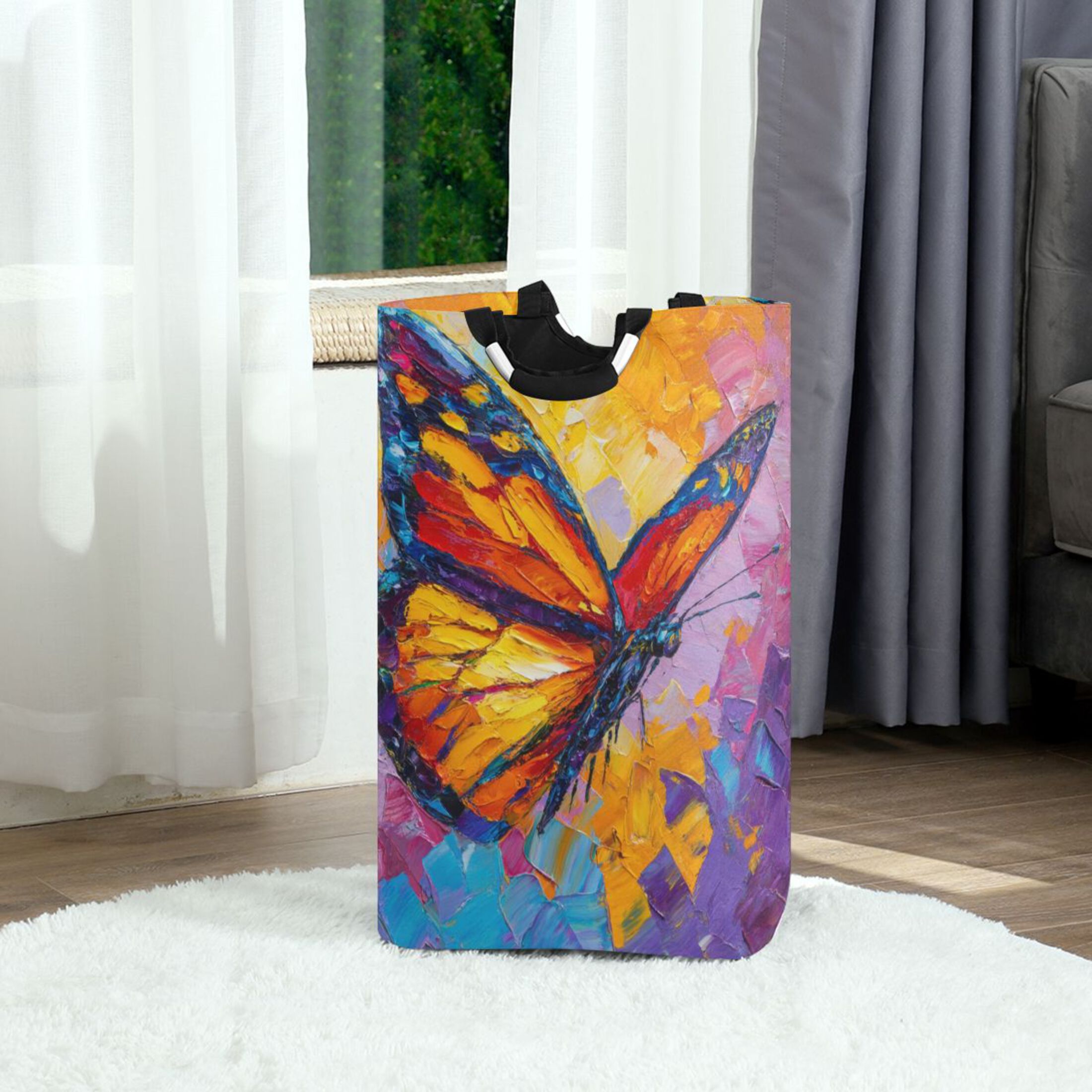 Foldable Laundry Hamper Bag with Handles Dirty Clothes Basket 12.6" x 11" x 22.7" Colorful Butterfly Flying