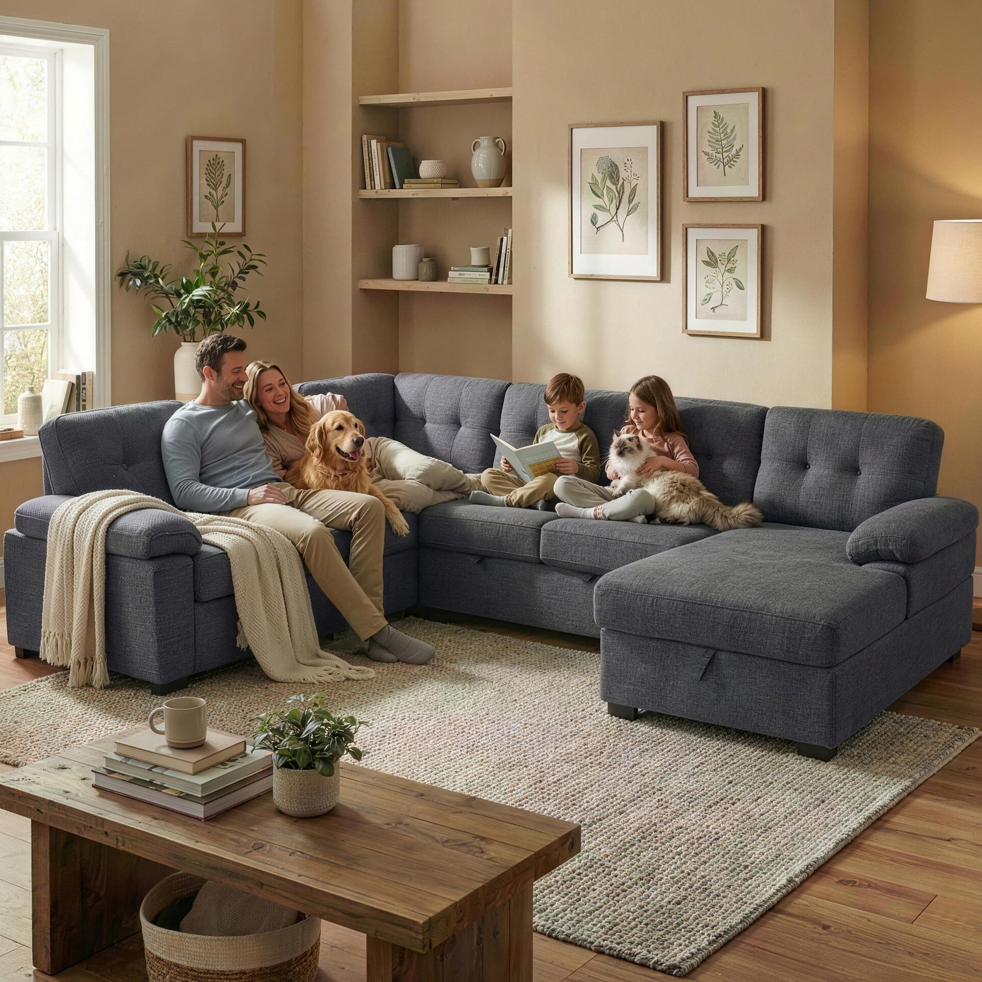 AENKYO U-Shaped Sectional Sleeper Sofa with Pull Out Bed, Linen Modular Couch with Storage for Living Room, Gray