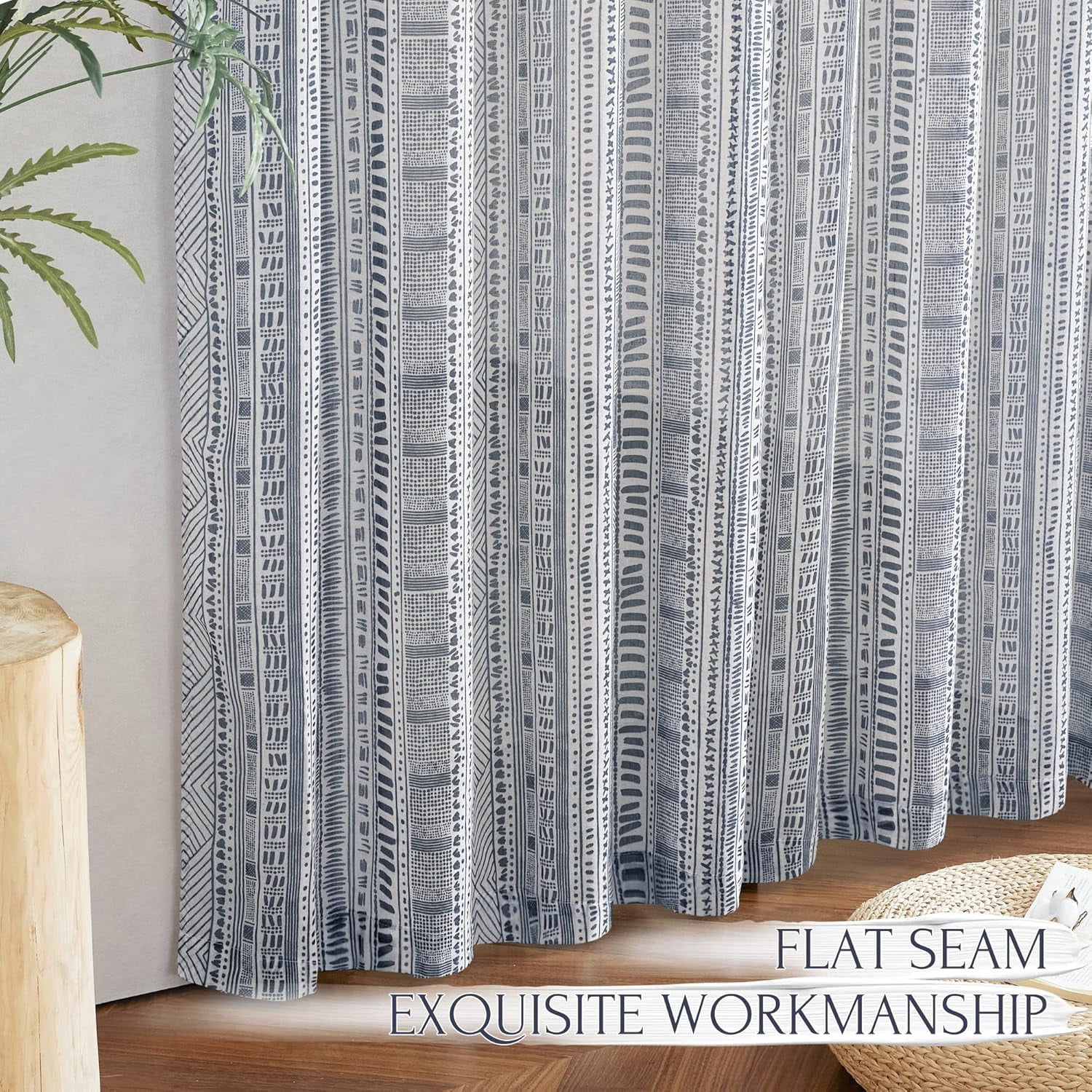NICETOWN Boho Curtains 84 Inch length 2 panels set, Semi Sheer Linen Curtains Light Filtering Wrinkle Free Country Rustic Farmhouse Grommet Drapes for Bedroom Living Room, Navy Blue, 1 Pair
