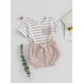thumbnail image 3 of FEORJGP Toddler Baby Boys Girls Summer Waffle Clothes Infant 0-2Y Short Sleeve T-Shirt Round Neck Shirt Stripe Print Tops with Drawstring Shorts Little Kids 2Pcs Loose Casual Outfit, 3 of 9