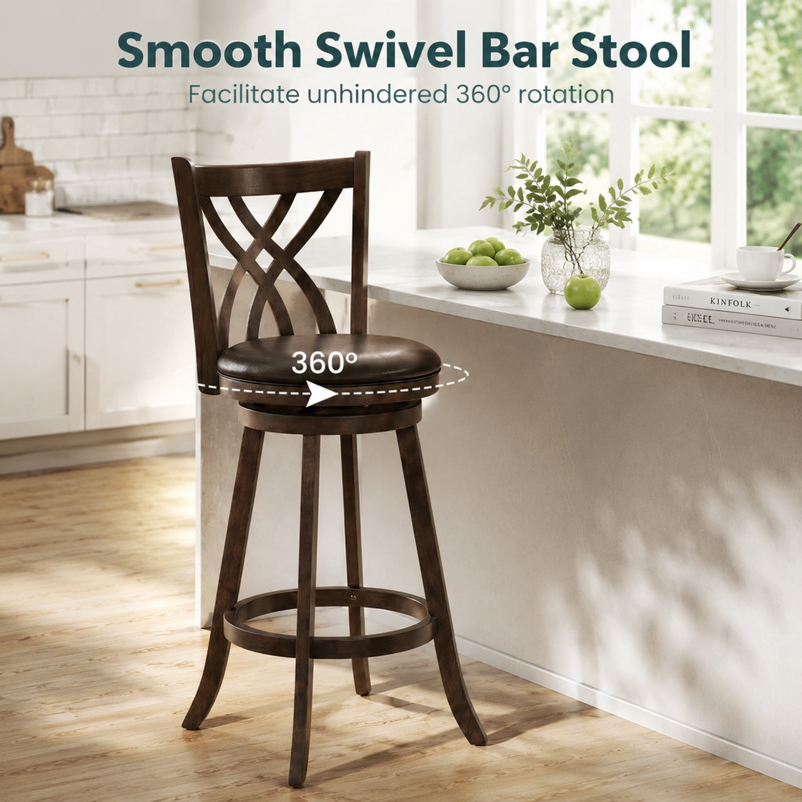 Furnibear Set of 2 Swivel Counter Height Bar Stools with Rubber Wood Frame and Backrest