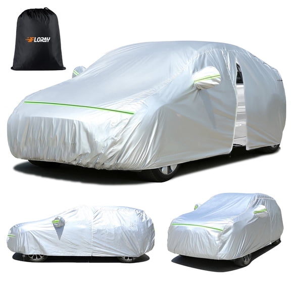 FLORAY Waterproof Car Cover with Zipper Door, All-Weather Windproof Outdoor Protection for Sedans & Compact SUVs, UV and Rain Protection, Silver