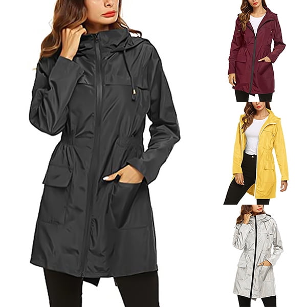 CAROOTU Women s Hooded Jacket Coat Hip Length Lightweight Soft Shell Windbreaker with Pockets Thin Raincoat for Hiking Travel New Walmart