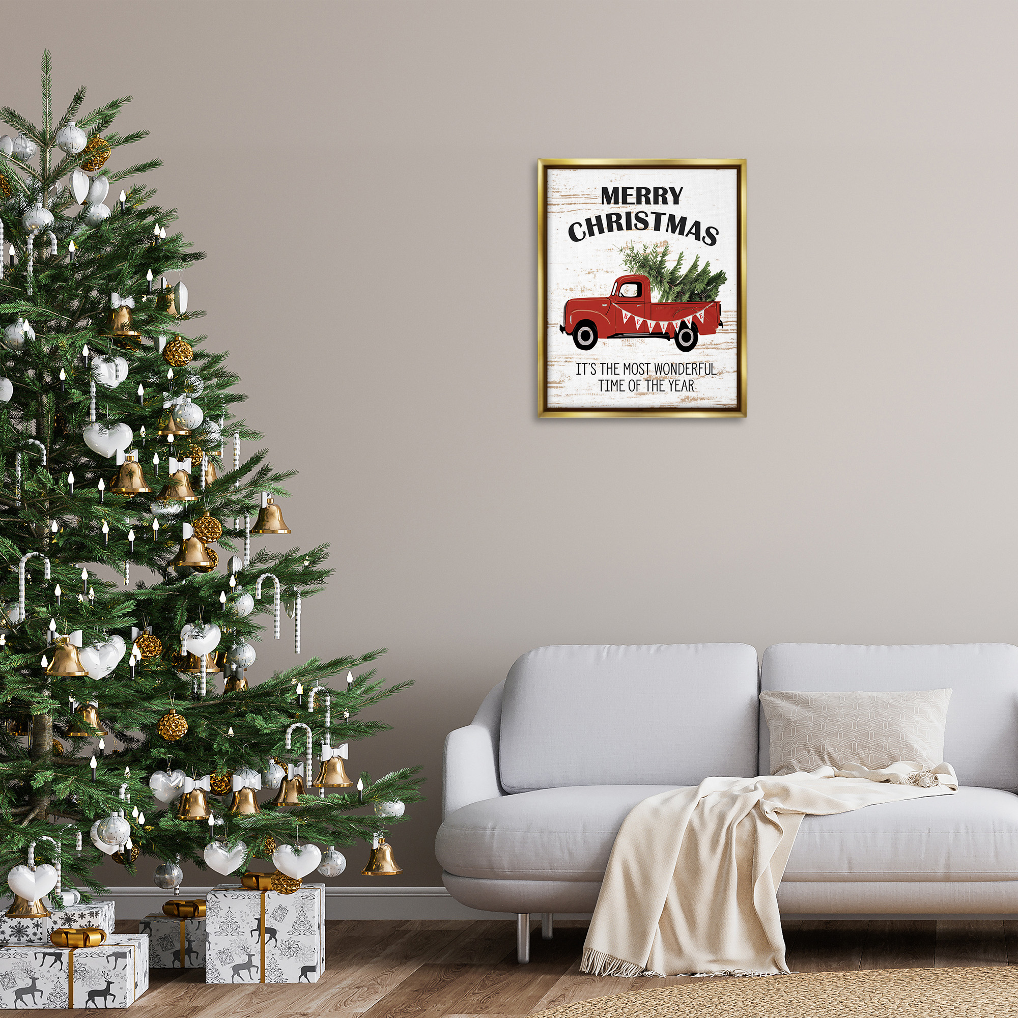 Stupell Industries Christmas Most Wonderful Time Vintage Truck Holiday Painting Gold Floater Framed Canvas Art Print Wall Art, 25 x 31