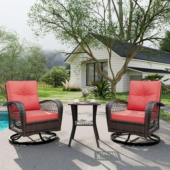 3 Piece Outdoor Swivel Chairs, Wicker Patio Bistro Set with Thickened Cushions and Side Table, Patio Swivel Rocking Chairs for Porch, Backyard, Garden, Balcony