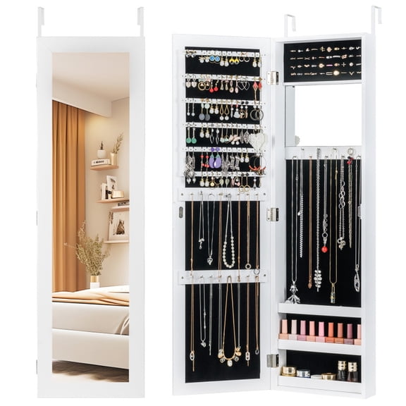 Furnibear Full Length Mirror Jewelry Cabinet, Wall Door Mounted Jewelry Armoire Organizer with Hooks, White