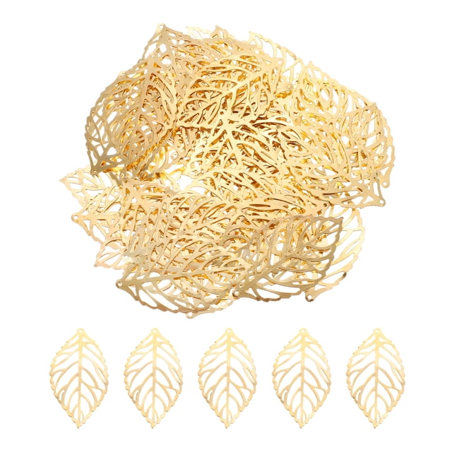 Uxcell 100Pcs Adornos de Hoja Hueca Dorada, Pendientes de Metal para Manualidades DIY