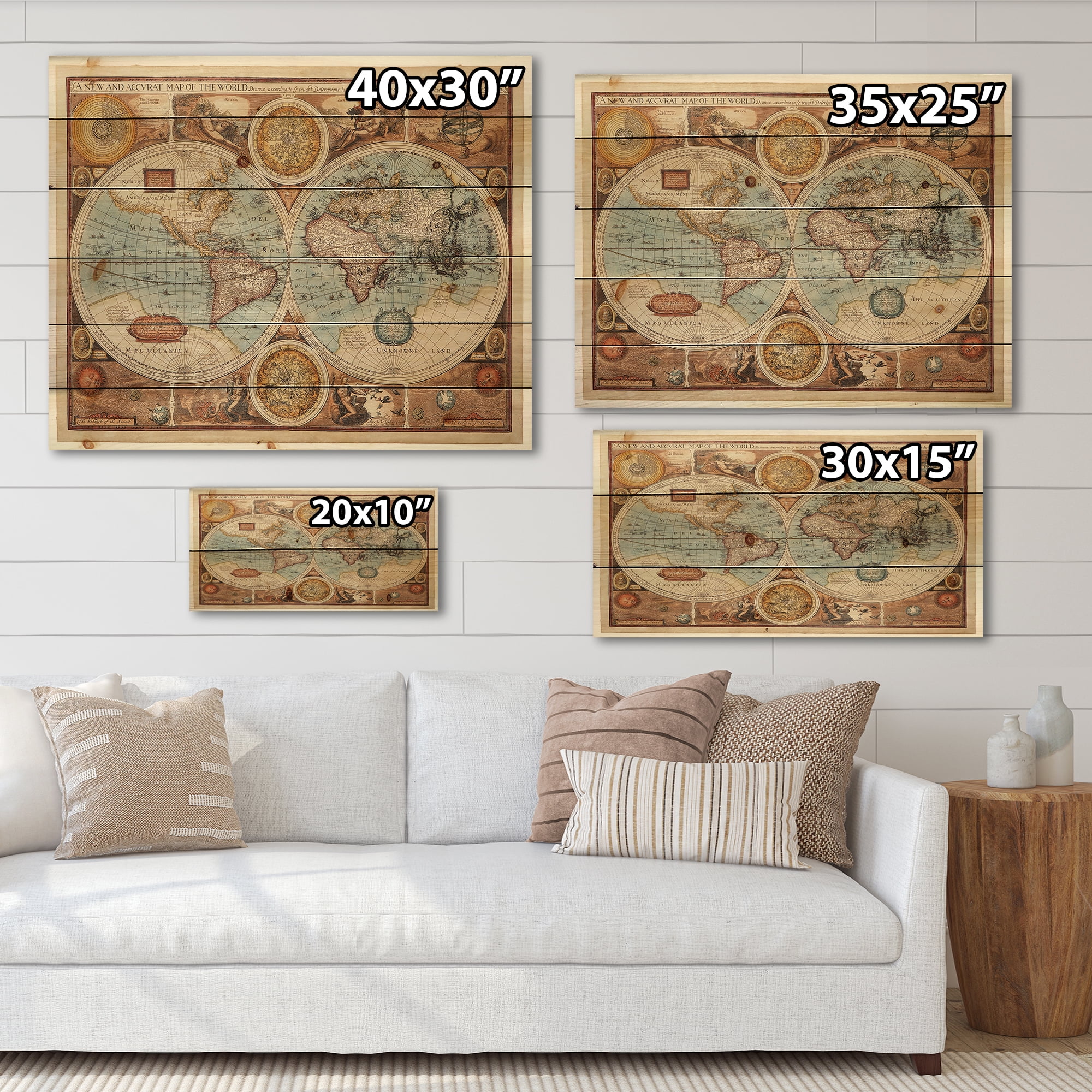 Designart 'Vintage Map of The World VIII' Vintage Print on Natural Pine Wood
