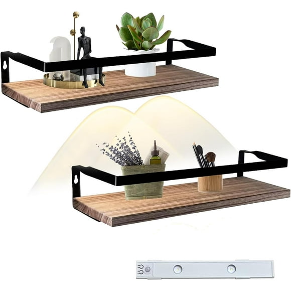 shiyou-Floating Shelves with Sensor Light, Wood Decor Rustic Shelves Set of 2, Solid Metal with Adjustable Light, Shelf Wall for Kitchen/Bathroom/Laundry Room (Rustic)