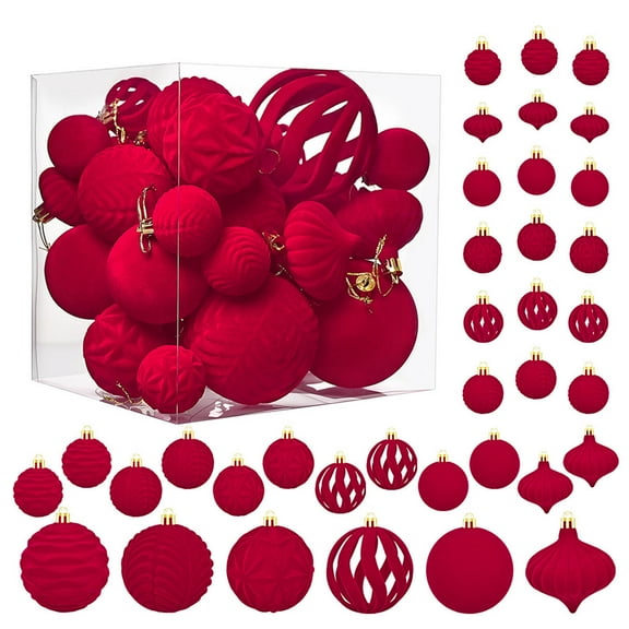 Chanana 36pcs Velvet Christmas Ball Ornaments, Flocked Shatterproof Christmas Ornaments Hanging Xmas Tree Decorations Set for Home Party Holiday Decor (Multi-Size, Red)