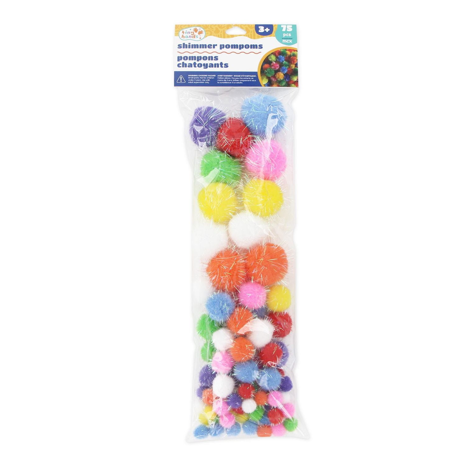 TINY HANDS Shimmer PomPoms — 75 pcs, Assorted 12.7–38.1 mm, Ages 3+, POMPOM SHIMMER 75PCS