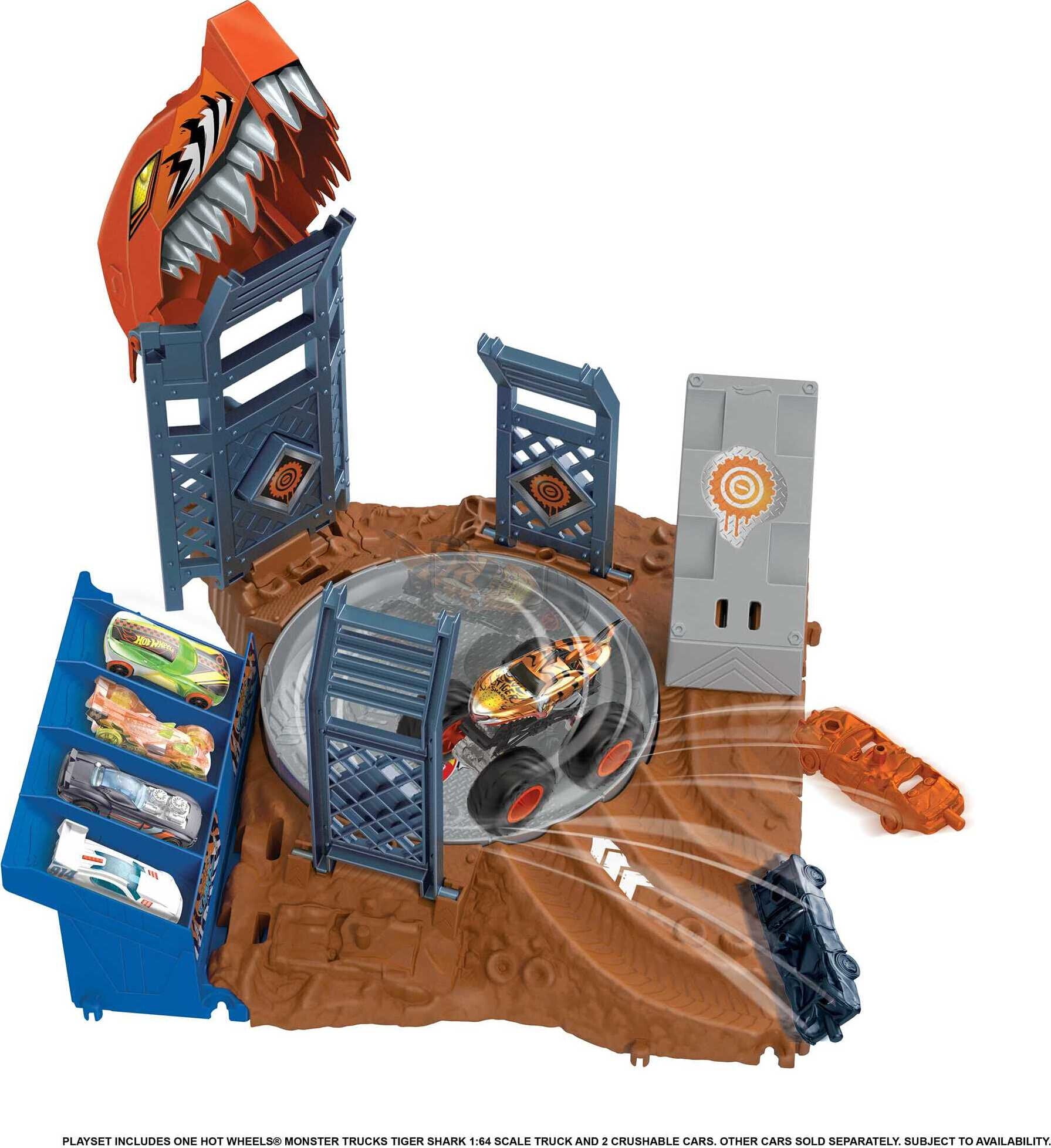 Hot Wheels Monster Trucks Stunt Tire Playset with 1:64 Scale Toy Car &  Tiger Shark Truck