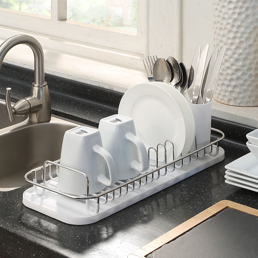 SunnyPoint 304 Stainless Steel Dish Drying Rack with Utensil Holder, Compact Countertop Dish Rack with Removable Drain Tray – White/Silver