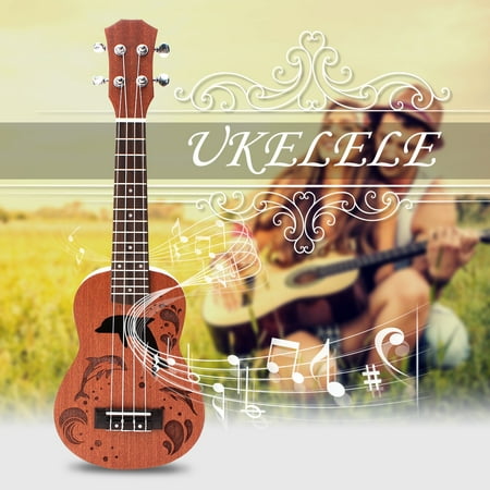 New 21inch Soprano Ukulele Uke Sapele 15 Frets Musical Instrument with Dolphin Pattern for Music Lover Kids