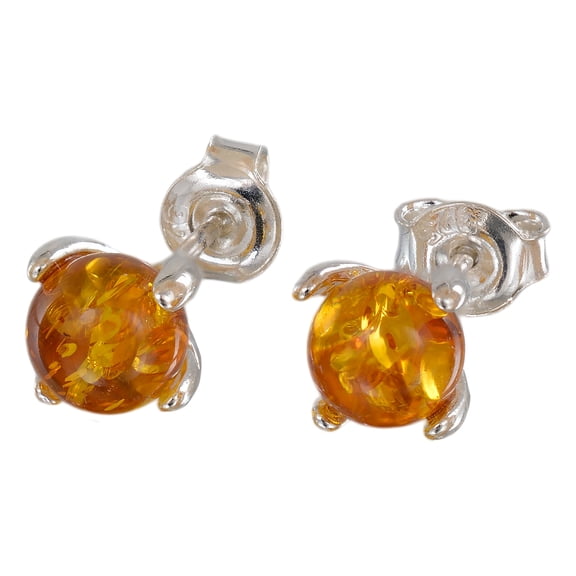 Sadie Genuine Baltic Honey Amber Stud Earrings in 925 Sterling Silver – Handmade Polish Amber Jewelry for Women, Lightweight Petal-Set Round Amber Posts
