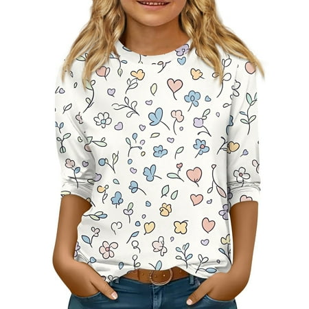 LTTVQM 3/4 Sleeve Tops for Girls 10-11 Winter Fashion Floral Print Cute Shirts Comfortable Crew Neck Blouses Tween Girls Tops White 10-11 Years