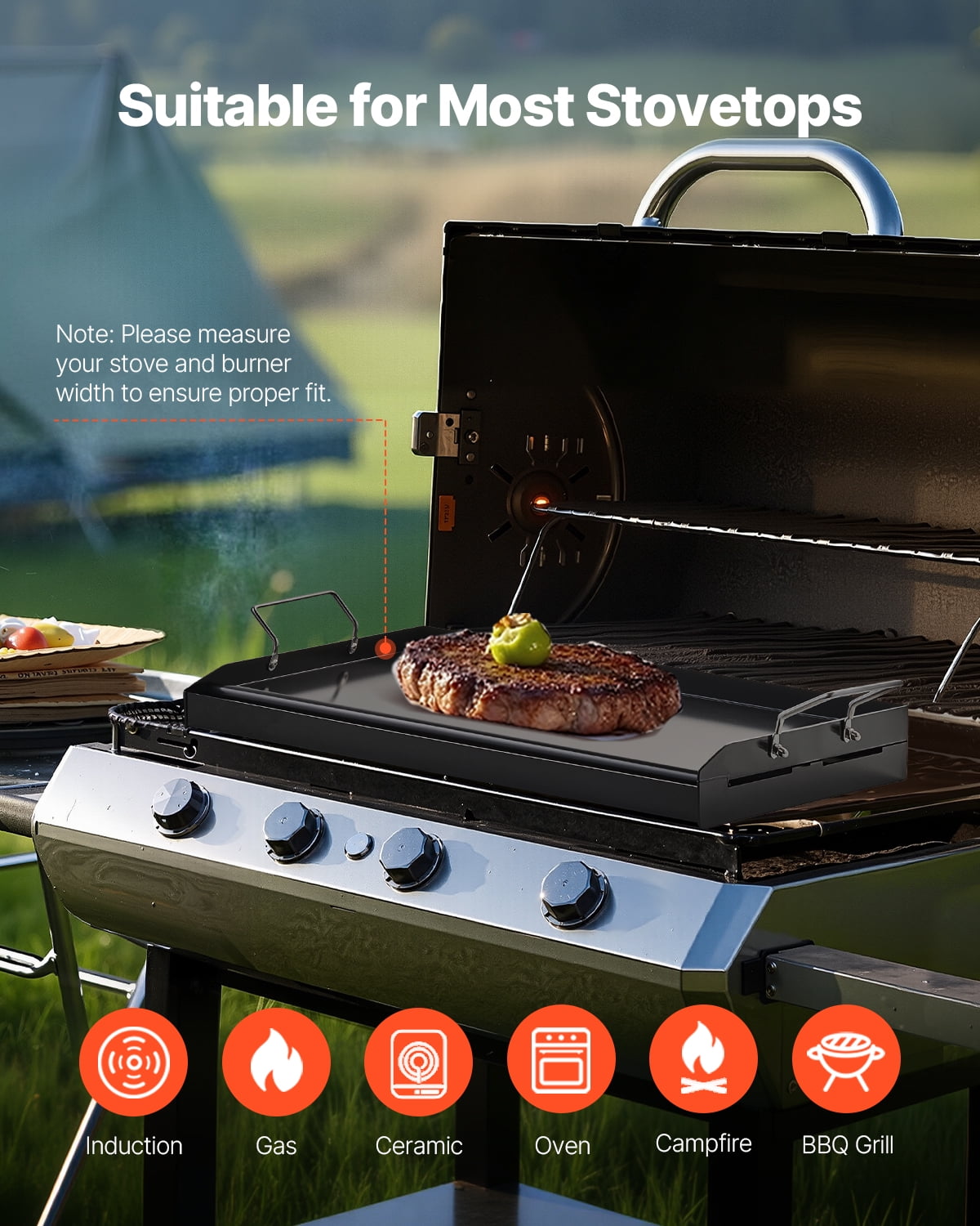 VEVOR Carbon Steel Griddle, 24x16 inch Universal Flat Top Rectangular Plate, Gas Grill Griddle for BBQ Grill, Teppanyaki, Portable Family Cookware with Handle, for Camping Tailgating Party