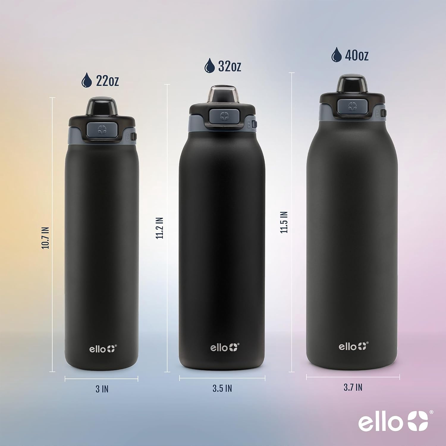 Ello Pop & Fill Stainless Steel Water Bottle with Quick Fill Technology, Double Walled Vacuum Insulated Metal, Leak Proof Locking Lid, Sip & Chug, BPA Free, Holiday Gift, 22oz, Black