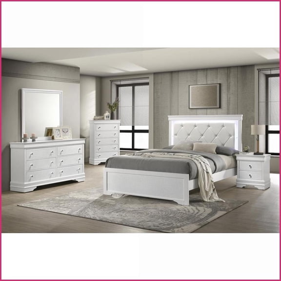 Bedroom Furniture Set Queen 5-Piece Modern with Upholstered LED Headboard Wood White | Wood | Standard Beds